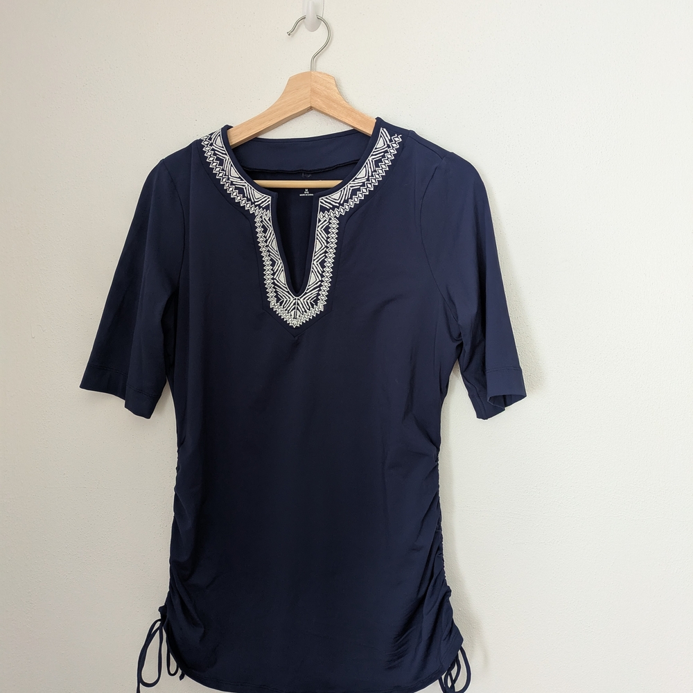 Lands' End Navy Short Sleeve Top with Embroidery